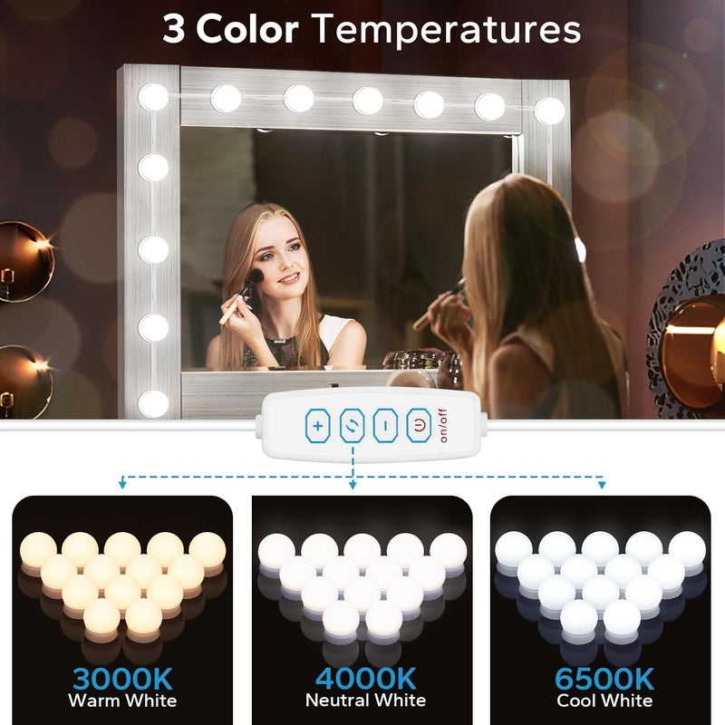 Bairth LED Vanity Lights For Mirror with 14 Dimmable Bulbs, Vanity Lights Stick on, 3000K 4000K 6500K & 10 Level Brightness Adjustable, USB Cable, Hollywood Mirror Lights for Makeup Dressing Room Bathroom - Image 3